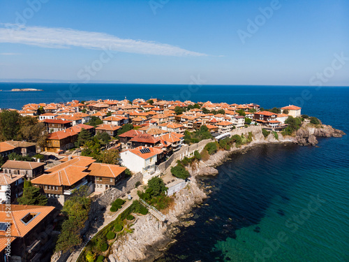 Aerial view of Bulgarian old town Sozopol. Drone view from above. Summer holidays destination