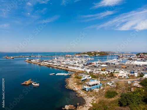 Sozopol, Bulgaria - Black Sea marina port aerial view. Drone view from above. Summer holidays destination