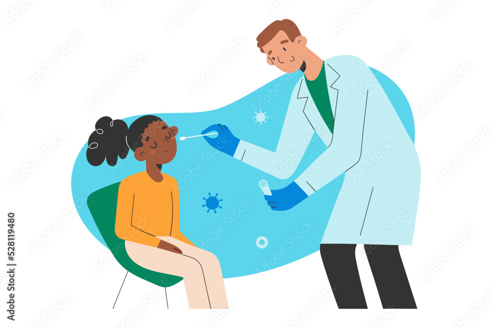 Childrens covid19 test. Friendly medical doctor using a cotton swab to test a an African-American girl for coronavirus, carefully performing a nasal and throat analysis in clinic, vector illustration Childrens covid19 test. Friendly medical doctor using a cotton swab to test a an African-American girl for coronavirus, carefully performing a nasal and throat analysis in clinic, vector illustration
