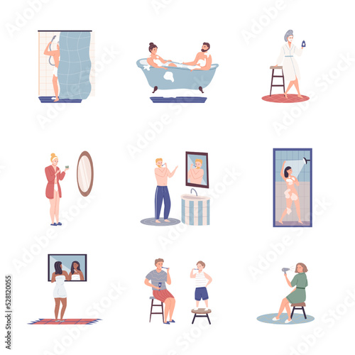 Set of 8 flat cartoon vector charakters in bathroom and shower. Everyday personal care, morning skincare daily routine, hygienic procedure.