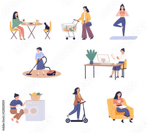 Daily routines activities of women spend time eating, walking, chatting and reading, meditating, shopping, washing, cleaning. Women's activity and leisure illustration.