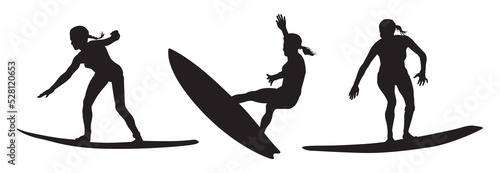 A set of female surfer vector silhouettes of in-air jumps and surf tricks.