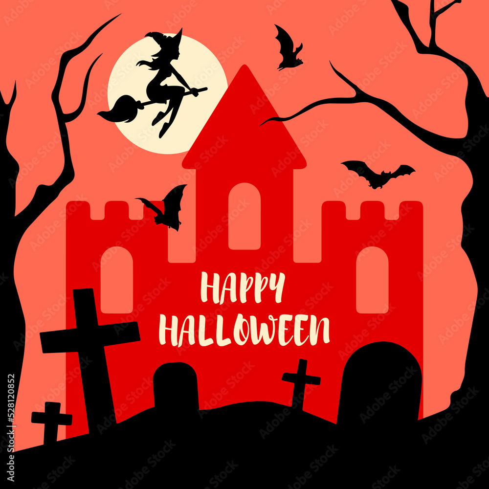 Dark gothic picture made up of medieval castle, bats in the orange sky, flying witch on the backdrop of full moon, graves among trees and text Happy Halloween as card, wallpaper, postcard or poster.