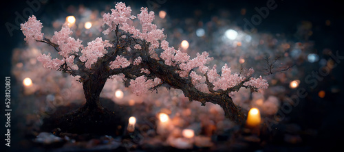 Fotografiet ethereal cherry tree extending out of a grave at night Digital Art Illustration