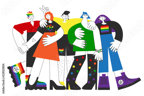 Group of gay women with rainbow flag, lgbtq symbols. Homosexual queer lesbian visibility, awareness, equality, pride and rights. Same-sex love and marriage concept isolated vector flat illustration.