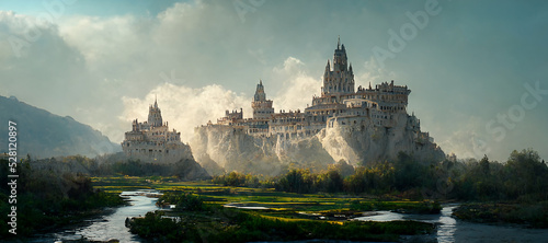 Foto matte painting of a fantasy castle next to a river Digital Art Illustration Pain