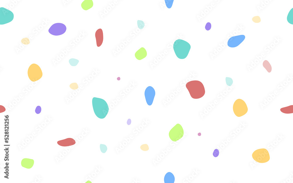 Abstract seamless pattern of dots. Various sizes and shapes of multicolored dots on a white background - Perfect Seamless Pattern