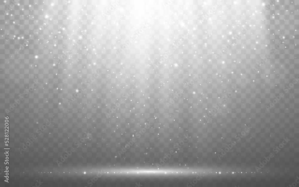 Glitter and spotlights. Glowing stage with shining particles. Falling silver stars and bokeh. Magic glittering effect. Light beams and dust. Award ceremony template. Vector illustration - obrazy, fototapety, plakaty 