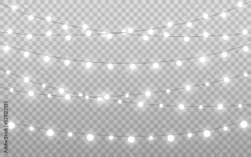Christmas lights decoration. Bright white bulbs collection. Glowing silver garlands. Realistic lamps for greeting card or poster. Vector illustration