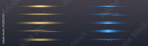 Glow lines collection. Gold bright flashes. Horizontal glowing beams on transparent backdrop. Blue lines set for poster or web. Vector illustration
