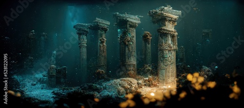 Foto Parts of ancient architecture stand under water. 3D rendering