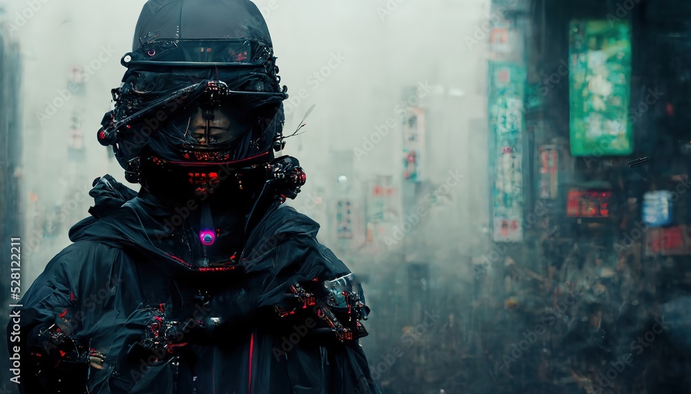 A man walking through the streets of Japan in a black suit. 3D rendering - obrazy, fototapety, plakaty 