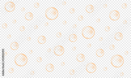 Golden air bubbles of champagne, prosecco, seltzer, soda, sparkling wine. Carbonated drink texture. Fizzing water background. Vector realistic illustration.