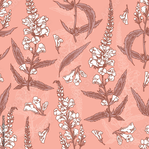 Canvas Print Vintage pink monochrome seamless pattern with snapdragon flowers