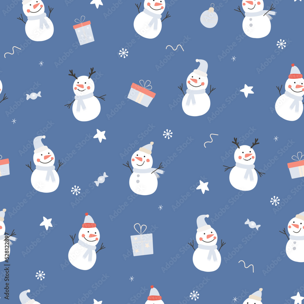 Seamless pattern with snowmen, snowflakes. Winter abstract Christmas forest print. Vector graphics.