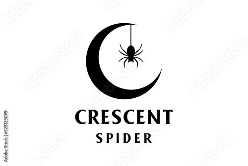 Simple Crescent Moon with Hanging Black Spider Widow Tarantula Silhouette Logo Design
