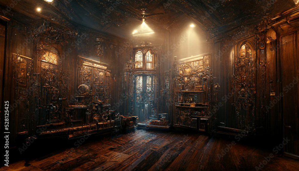 Beautiful mansion interior with calm lights, steampunk machinery on the walls, style painting - obrazy, fototapety, plakaty 