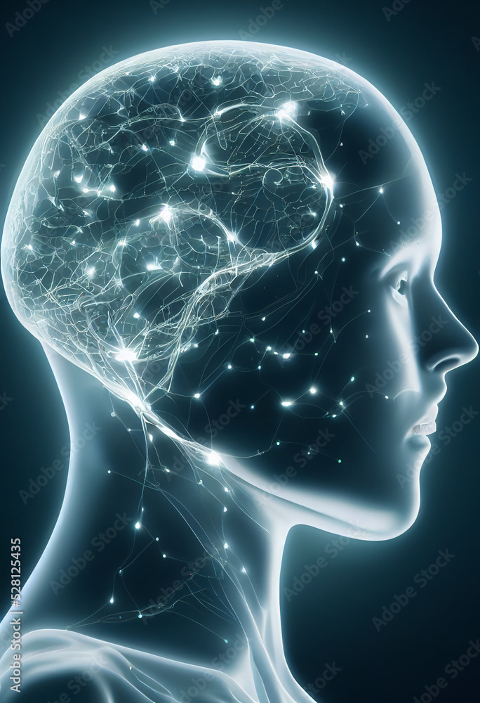 3D. Artificial intelligence and virtual reality concept with human head silhouette made by lots of glowing digital lines 3D. Artificial intelligence and virtual reality concept with human head silhouette made by lots of glowing digital lines