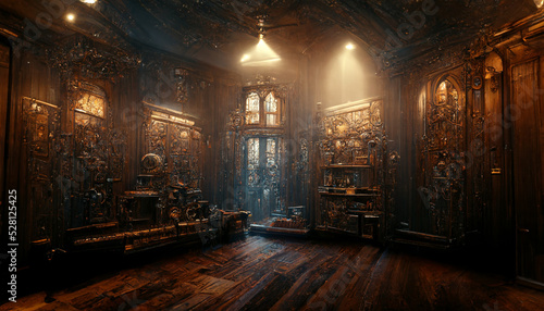 Beautiful mansion interior with calm lights, steampunk machinery on the walls, style painting
