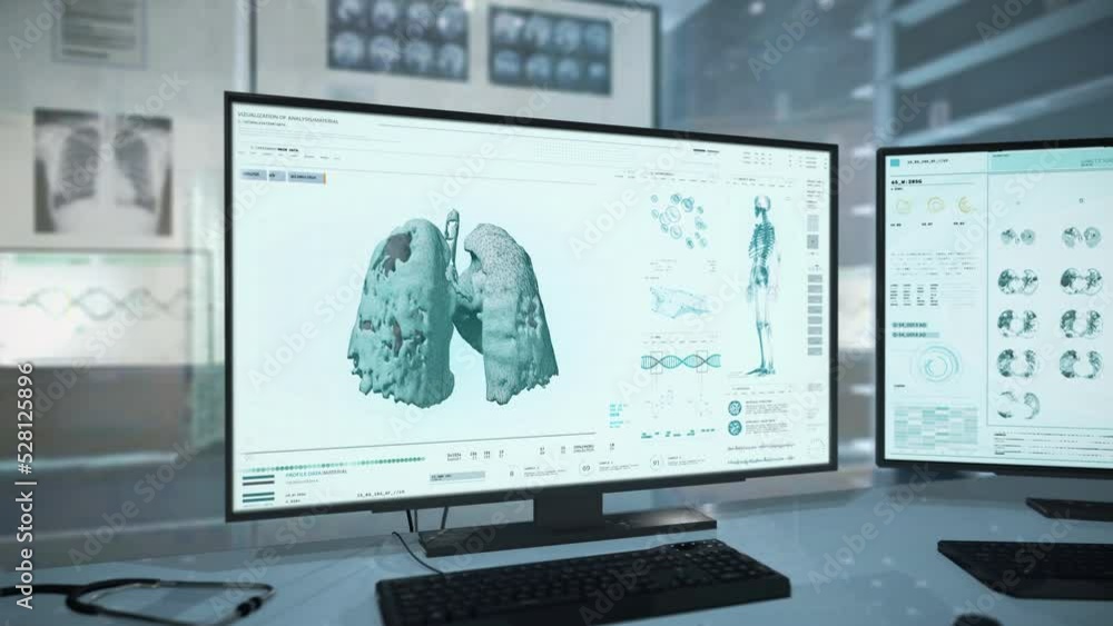 Futuristic medical laboratory equipment scanning the human lungs ...