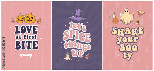 Set of 3 Halloween cards, posters, prints decorated with groovy quotes and doodles. Good for nursery decor, apparel, stickers, sublimation. EPS 10