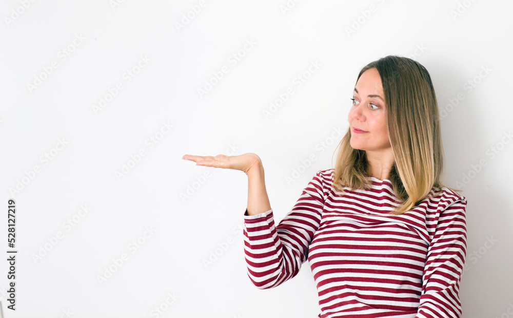 cheerful woman promoter point index finger suggest select adverts promo over white background cheerful woman promoter point index finger suggest select adverts promo over white background