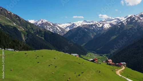 Impressive view of the mountain villages and plateaus in the valley, among the forests.