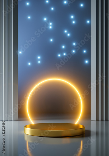 Empty pedestal stage template with glowing circle bihind and glow particles like a stars. photo