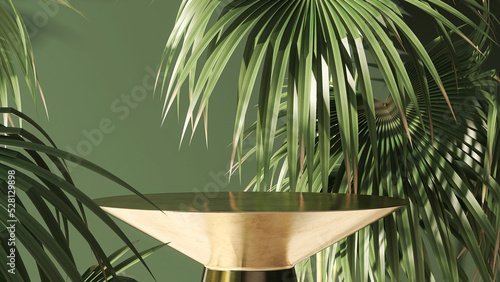 Realistic 3D render empty space on shiny golden stand with tropical fresh fan palm leaves on green background for products display. Sunlight, Hawaii, Table top, Podium, Templates, Backdrop, Beauty.
