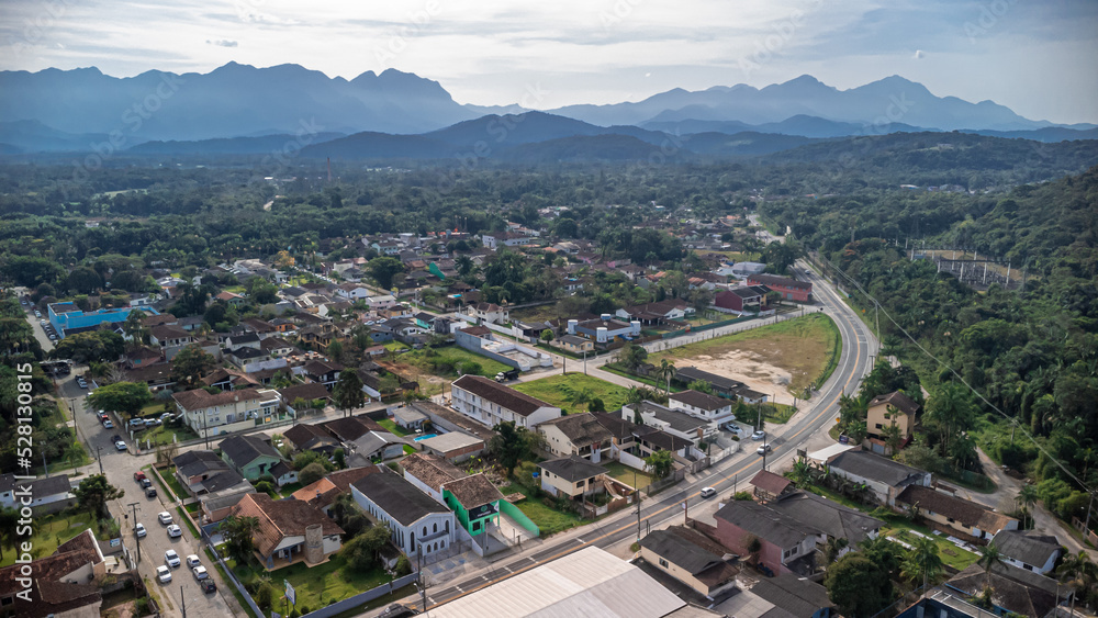 Aerial  view of the historic center of Morretes, State of Paraná, South of Brazil. Special  emphasis on Serra do Mar set of montains