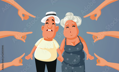 People Pointing to a Mature Couple Holding Hands Vector Cartoon. Middle-aged people finding love later in life being criticized by society 
