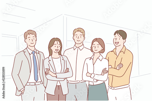 Successful company with happy workers. Hand drawn style vector design illustrations.