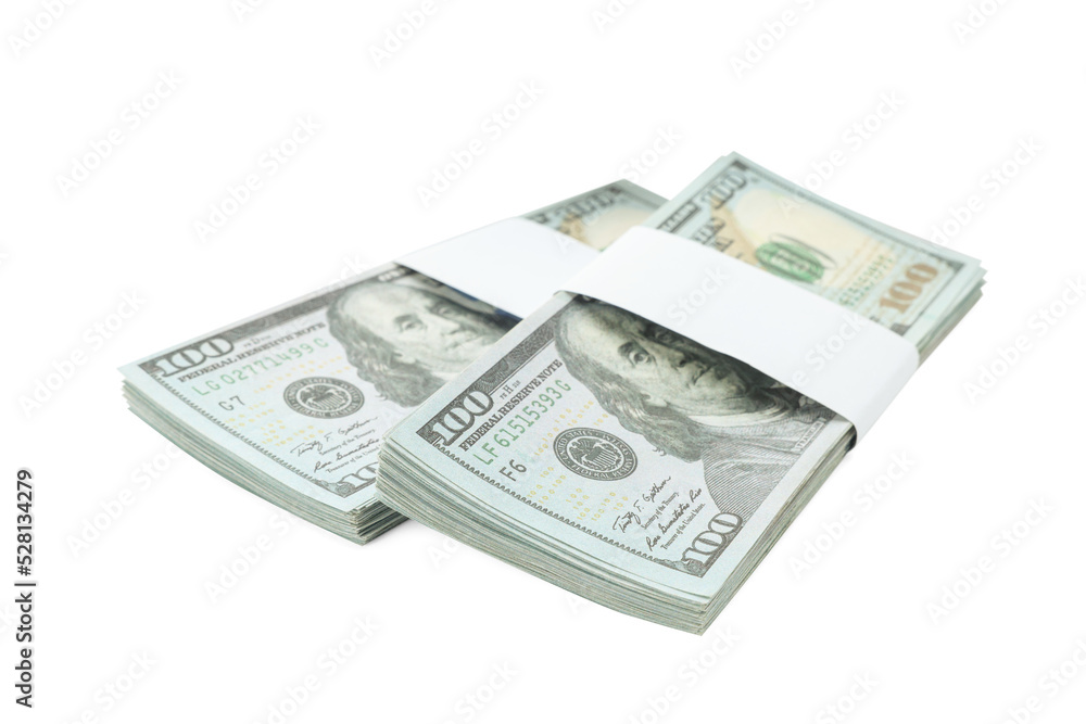 Bundles of dollar banknotes isolated on white. American national currency Bundles of dollar banknotes isolated on white. American national currency