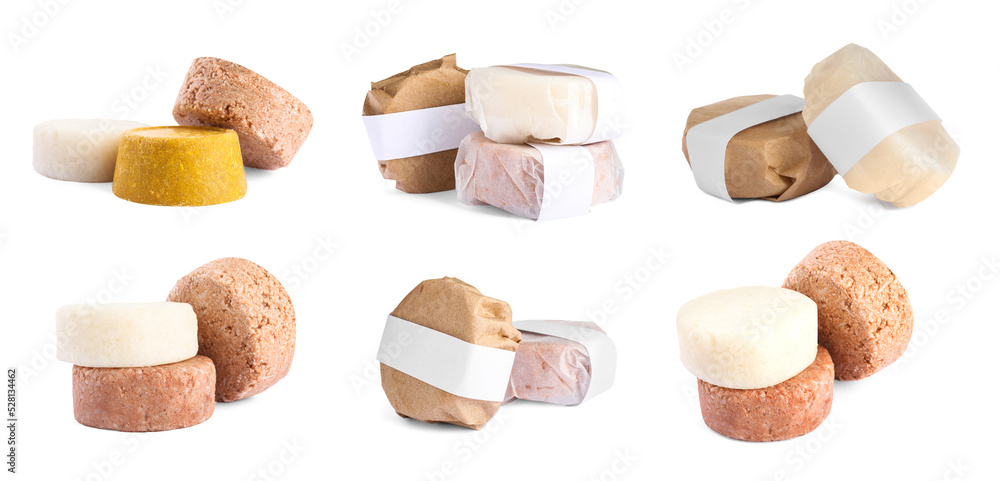 Set with solid shampoo bars on white background, banner design. Hair care Set with solid shampoo bars on white background, banner design. Hair care