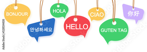 Speech bubbles with greeting words in different foreign languages on white background. Banner design