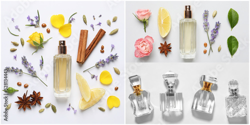 Beautiful collage with photos of luxury perfume and ingredients represent their fragrance notes on light background, top view. Banner design