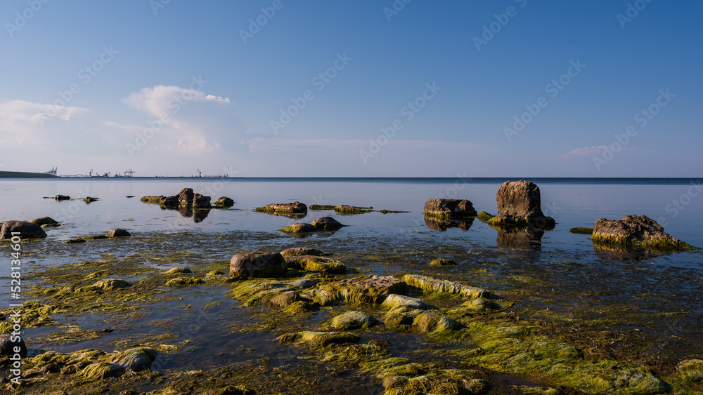 Drought and low tide forced the sea to recede and reveal blocks of granite and bottom algae, burned by the summer sun. Mirror sea under the blue sky on a sunny evening.
