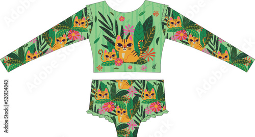 Illustration drawing for children's bikini. Tiger mother with her cub in the forest