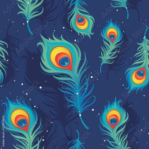 Peacock feathers illustration. Seamless pattern design