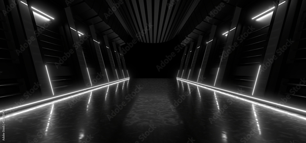 Fototapeta premium A dark tunnel lit by white neon lights. Reflections on the floor and walls. 3d rendering image.
