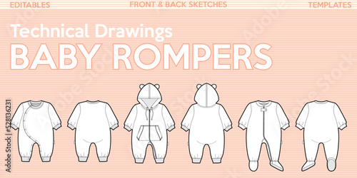 Baby rompers clothes bundle vectors set of toddler clothing fashion flat sketch for illustrator technical drawing baby clothes templates jumpsuit 