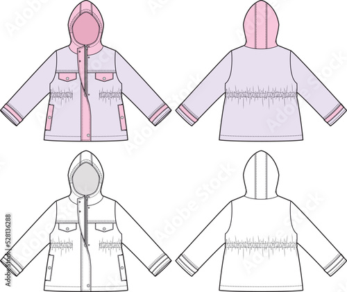 Technical design of a jacket for girls or boys with elasticated waist, hood, front opening with zipping, and press studs and pockets.