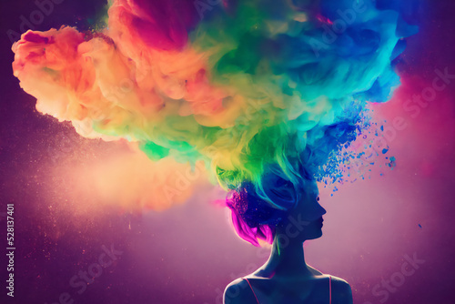 woman creativity rainbow colors explosion in her head, illustration