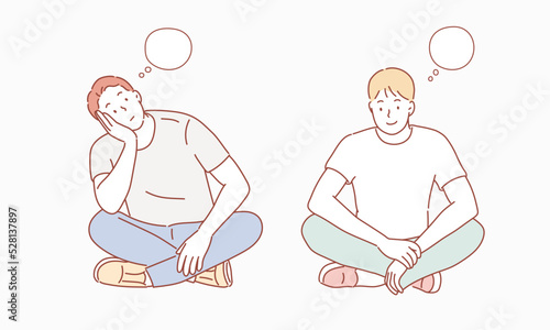 Set of Man thinking over isolated white background. Hand drawn style vectors design illustation.