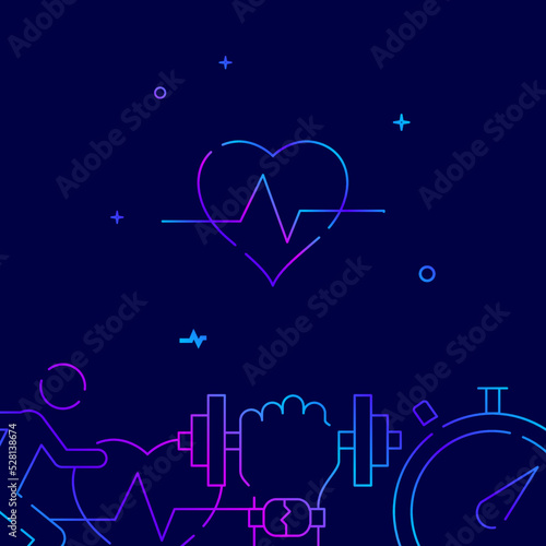 Pulse, cardio, heart rate gradient line vector icon, simple illustration on a dark blue background, fitness related bottom border.