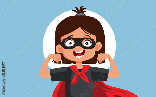 Strong Little Superhero Girl Vector Cartoon Character. Funny child having fun wearing a super heroine costume
