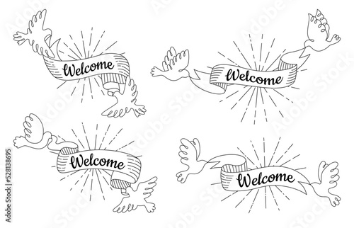 Welcome ribbon banners with bird set. Vintage dove holding tape band and sunburst. Invitation old scroll stripe craft romantic banner. Hand drawn sketch background clipart graphic element