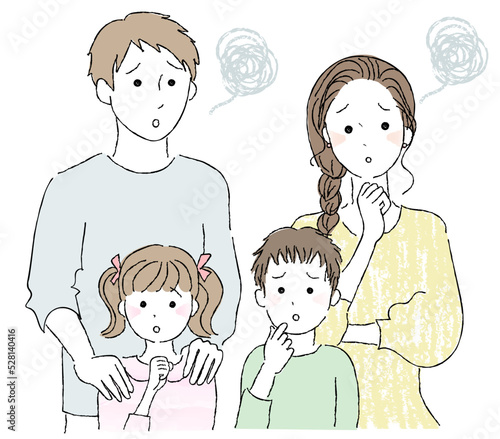 四人家族　パパママ　兄妹　困る　悩む　上半身