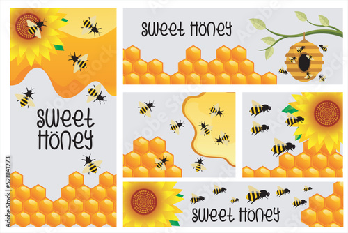 Honey bee template banner with honeycomb background. Useful for health drink banners from honey and social media