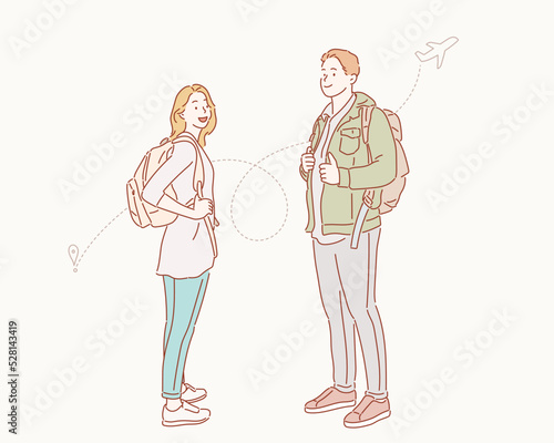 Young man and woman with backpacks. Hand drawn style vector design illustrations.